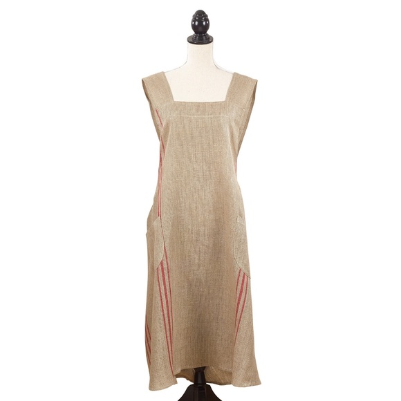 CLOSEOUT!  Blue/Tan or Red/Tan Natural Linen Criss Cross Back Apron - 28" x 35" - Picture 4 of 5